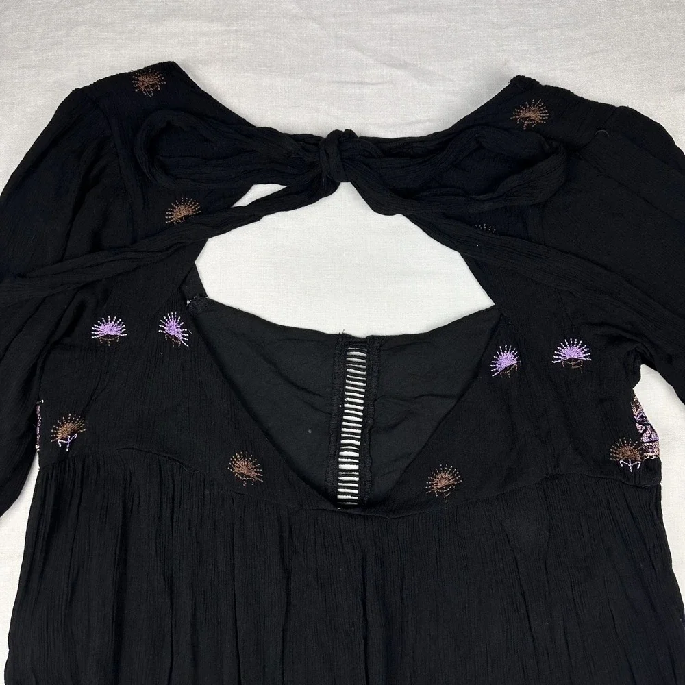 Free People‎ Black Embroidered Mini Dress Small Long Sleeve Open Back Boho